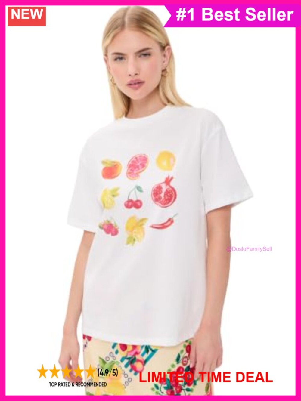 Lightweight Stretch Jersey Fruit Print Crew Neck Ribt